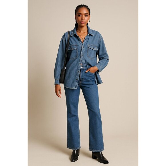66. Denim on Denim Womens Buttons Shirt Sz LARGE- Bootcut Jean Sz 31 Chambray - Picture 1 of 16